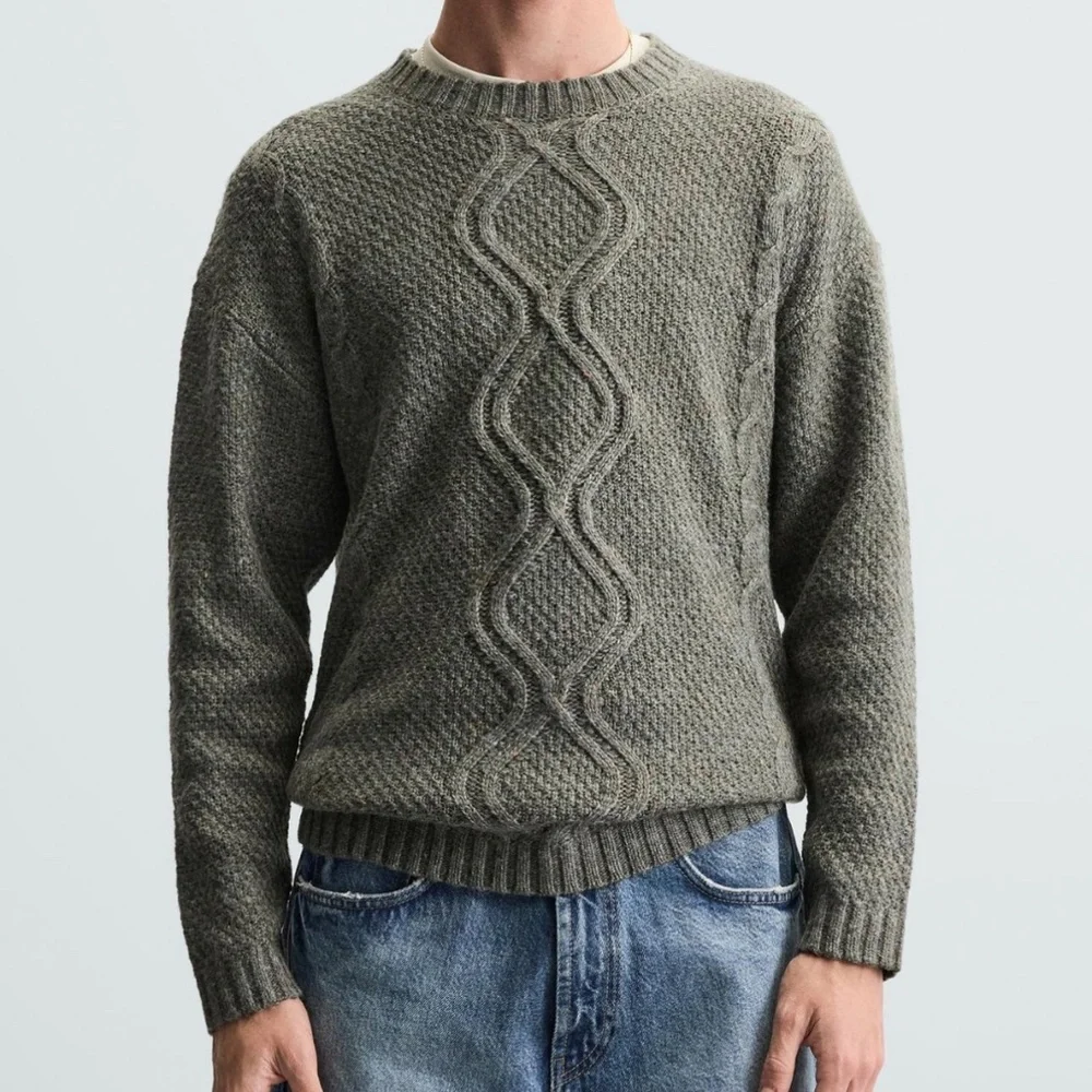 ZARA Men Cable Knit Sweater Gray Green SZ XL